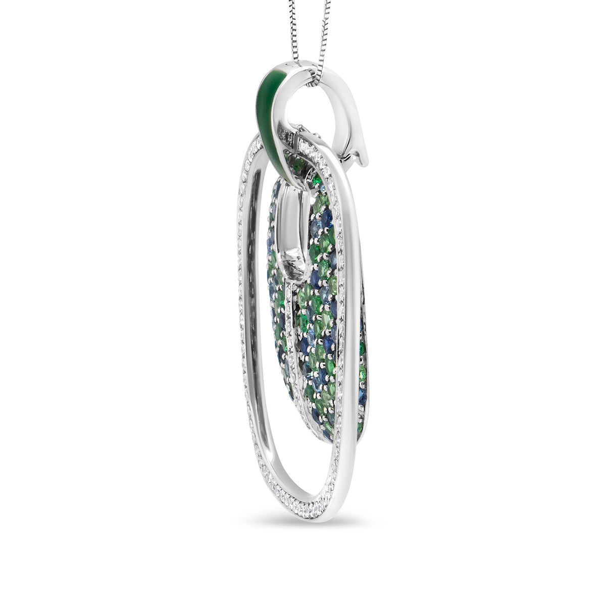 Collar con colgante calado de plata de ley .925 con esmalte verde, 1/2 quilate total de diamante, zafiro y tsavorita, de 45 cm (color F-G, claridad VS1-VS2)
