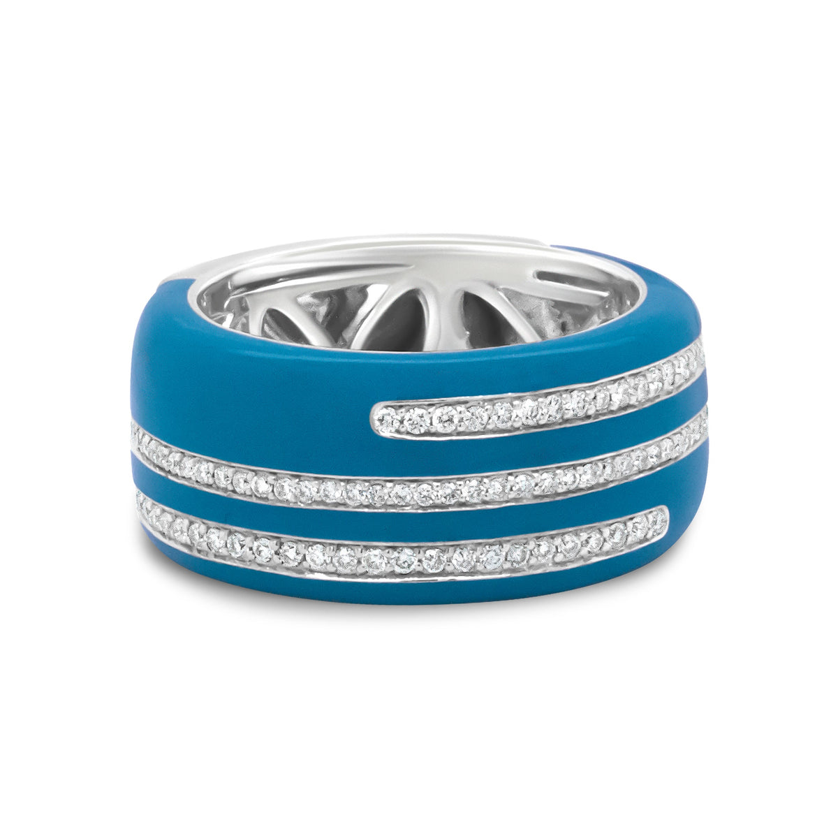 Anillo ancho de plata de ley .925 con turquesa, esmalte y diamantes redondos de 5/8 Cttw (color F-G, claridad VS1-VS2) - Talla 7