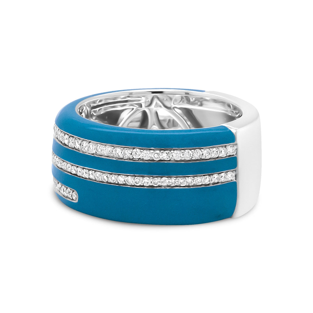 Anillo ancho de plata de ley .925 con turquesa, esmalte y diamantes redondos de 5/8 Cttw (color F-G, claridad VS1-VS2) - Talla 7