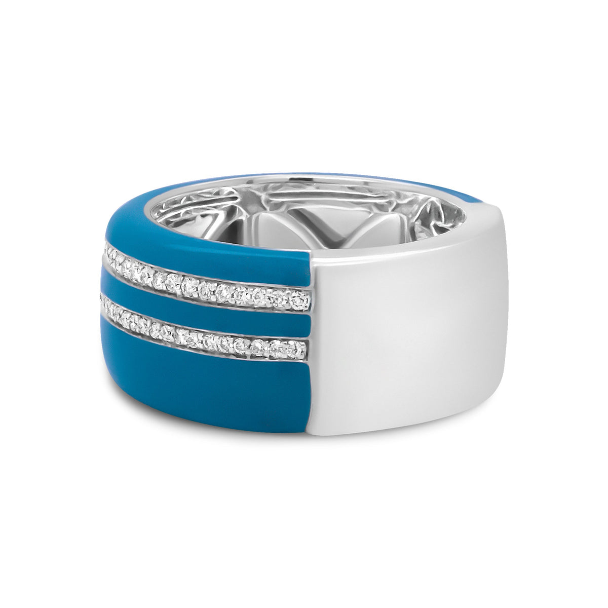 Anillo ancho de plata de ley .925 con turquesa, esmalte y diamantes redondos de 5/8 Cttw (color F-G, claridad VS1-VS2) - Talla 7