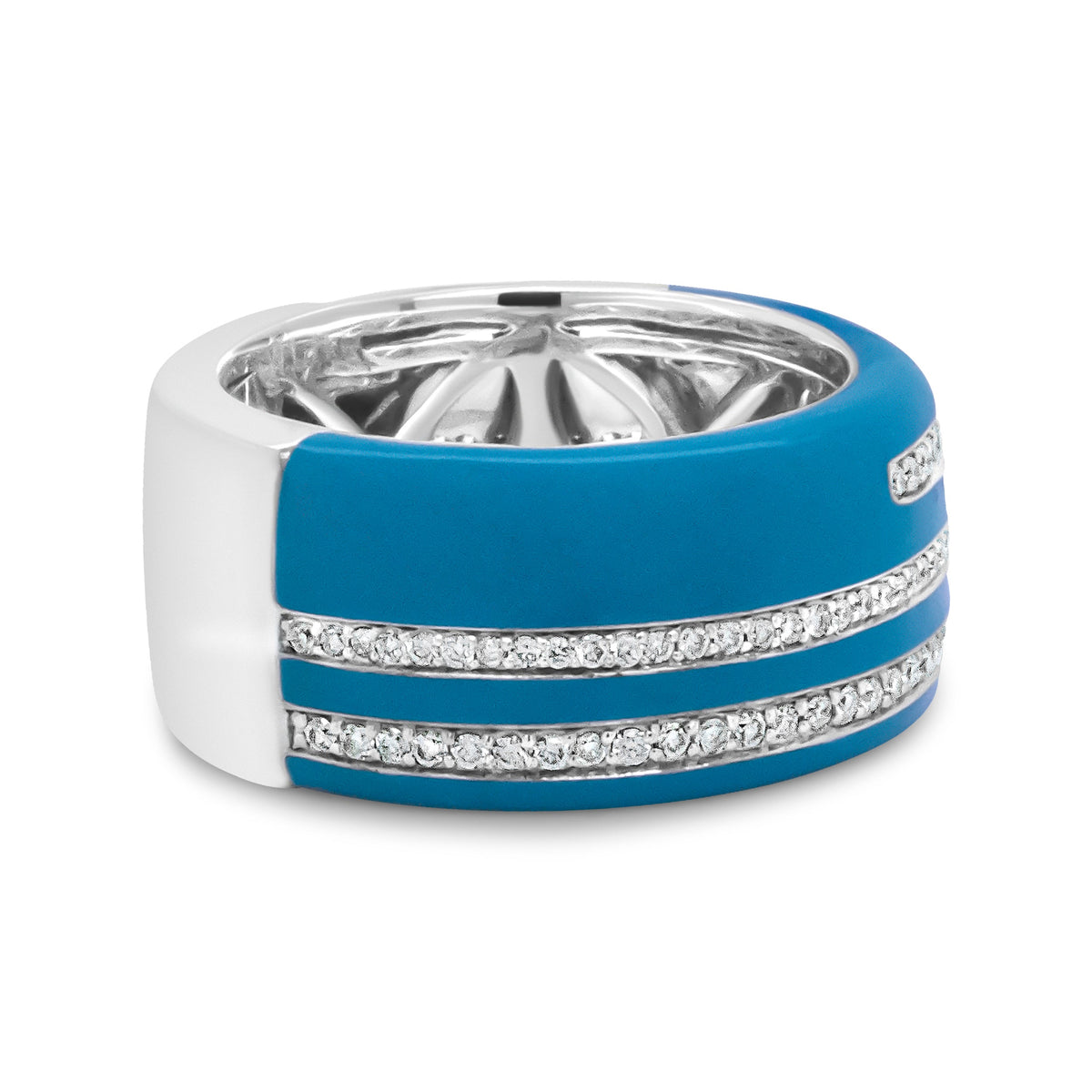 Anillo ancho de plata de ley .925 con turquesa, esmalte y diamantes redondos de 5/8 Cttw (color F-G, claridad VS1-VS2) - Talla 7