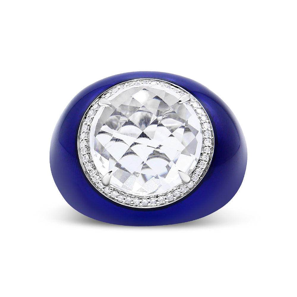 Anillo de cúpula de oro blanco de 18K con cuarzo blanco de 14mm, halo de diamantes de 1/5 Cttw y esmalte azul (color F-G, claridad VS1-VS2) - Talla de anillo 7