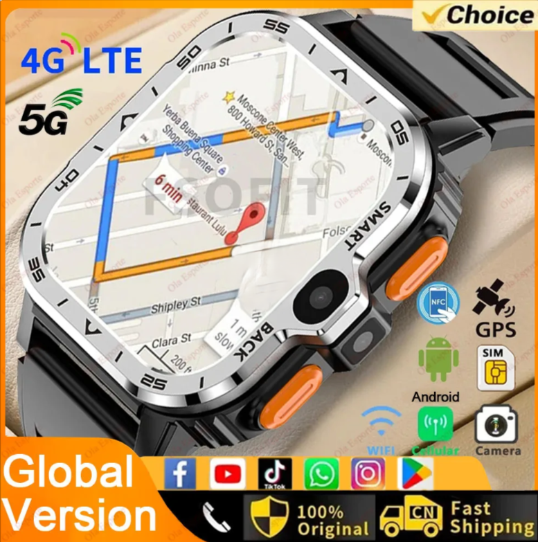 Защищенные смарт-часы на базе ОС Android — Google Play Store — GPS, Bluetooth, Wi-Fi, сотовая связь 4G — двойная камера