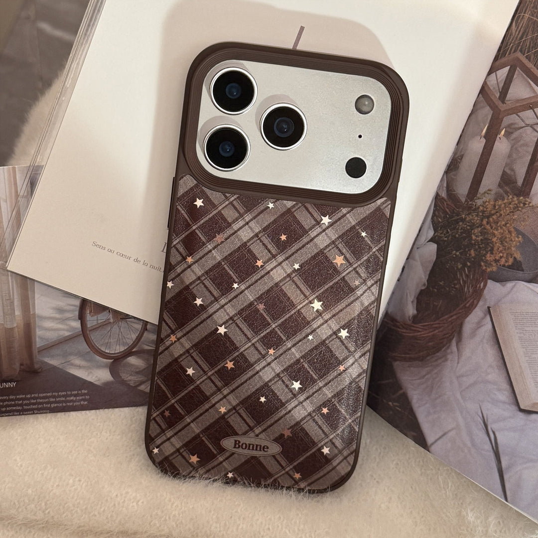Carcasa de teléfono móvil Apple 17 de rombo marrón cálido iPhone 16promax de cuero 15 apta para 13 retro 11 anticaída