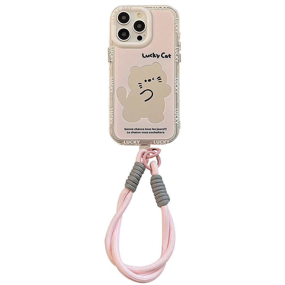 Mirror cute pink cat is suitable for Apple 16 mobile phone case iPhone17ProMax cartoon 12 generation 13 hand rope
