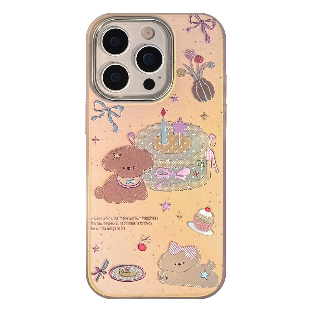 Funda de móvil para iPhone 17 con láser dorado 16 Promax, rosa, con diseño de cachorro de tarta, anticaída, para iPhone 15 y 14, estilo dibujos animados para iPhone 13