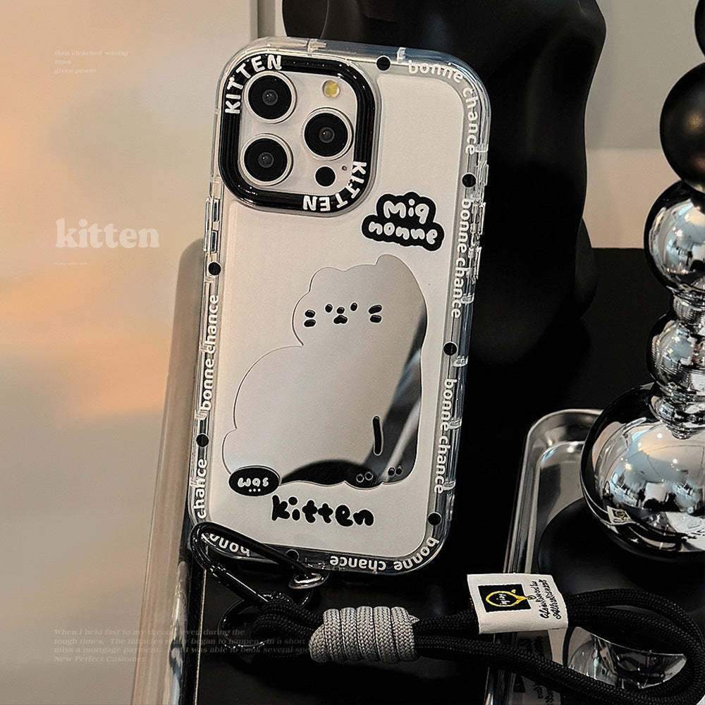 ins viento espejo gato de dibujos animados adecuado para 16Pro Max Apple 15 funda de teléfono móvil iPhone17 dulce fresco 12 cuerda de mano