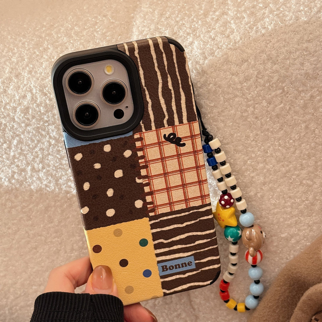 Retro ins polka dot splicing for iphone16 apple 17 mobile phone case 15pro max leather 14 lanyard 13