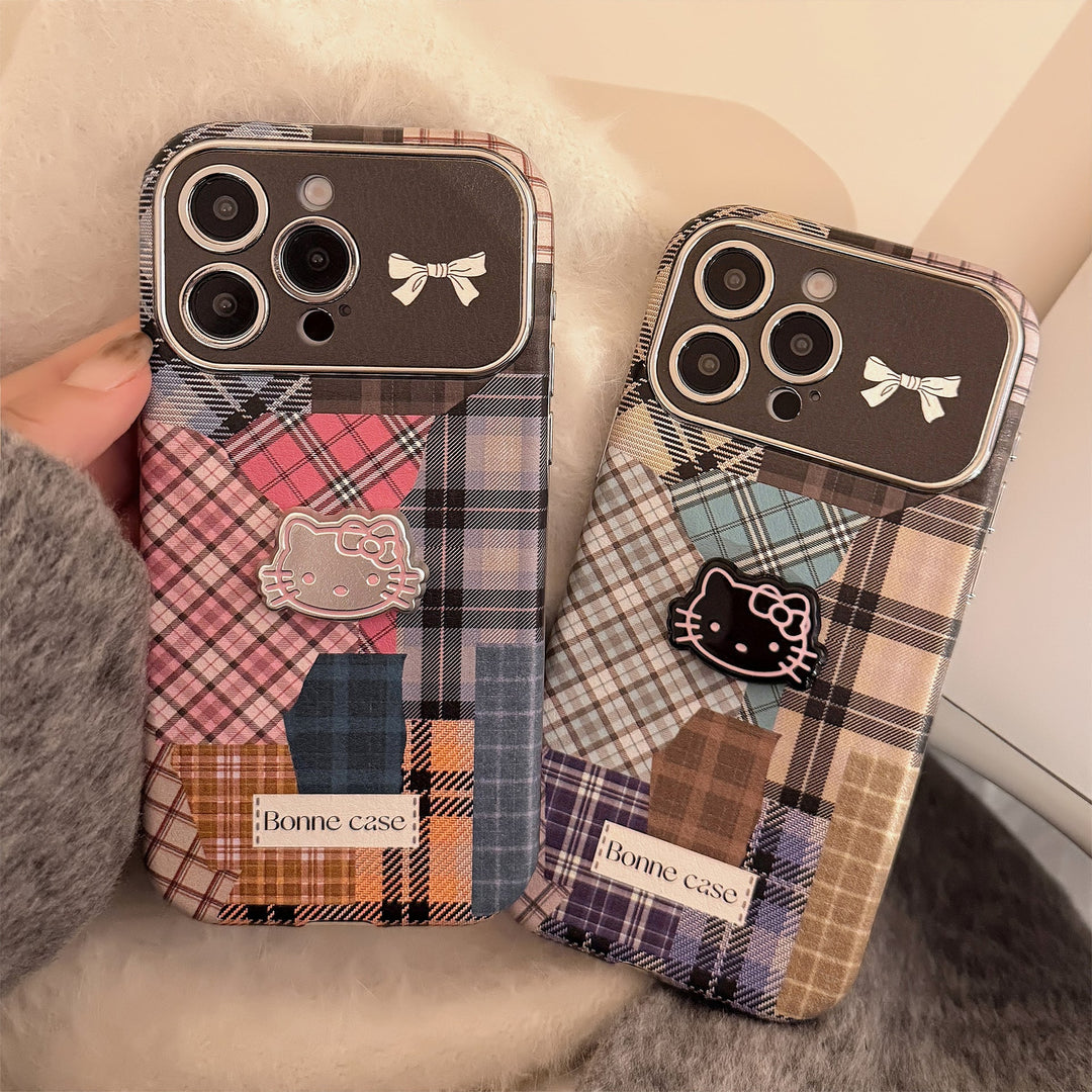 Funda para teléfono móvil Retro a cuadros con empalmes de gato 14 para 15promax Apple iphone16 tridimensional 17 piel 13