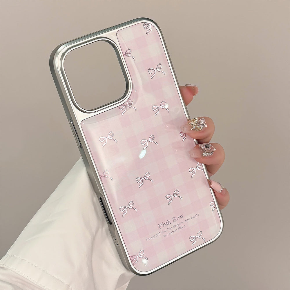 Gilt aplica a la funda de móvil Apple 17promax iphone16 lazo a cuadros rosa 13 galvanoplastia 14 dura Huawei