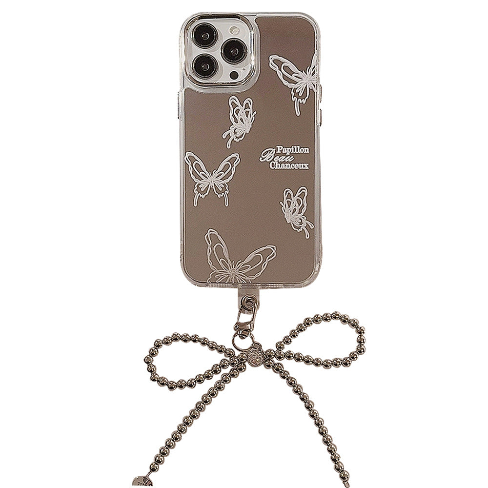 La superficie de espejo es adecuada para la funda del teléfono móvil Apple 15 Pro max, iPhone 16 con temperamento de mariposa avanzada, 13 anti-caída, 11 con cadena, 17