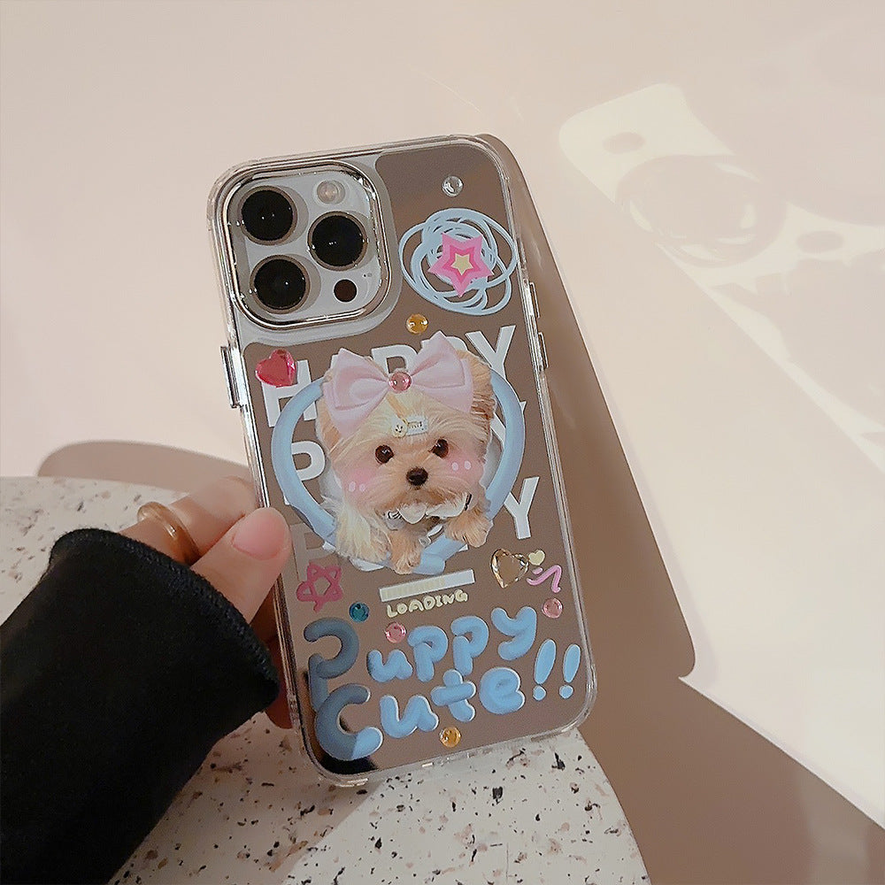 Funda para iPhone Dopamine puppy 17promax para iPhone 16 bonita 13 espejo de maquillaje 15 pegatina diamante