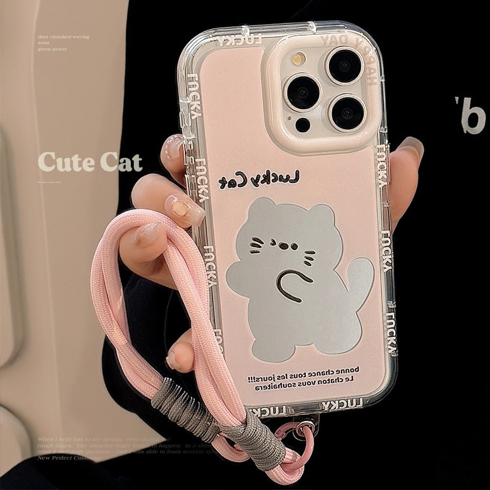 Mirror cute pink cat is suitable for Apple 16 mobile phone case iPhone17ProMax cartoon 12 generation 13 hand rope