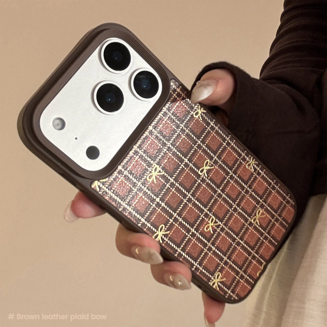 Gilt Apple 16 mobile phone case 17promax retro plaid bow 11 for iPhone15 leather anti-drop