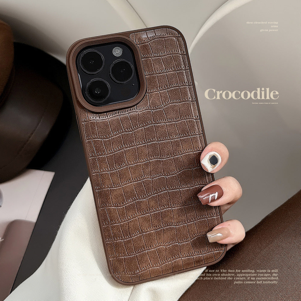 Funda para teléfono móvil de piel de aligátor marrón retro con patrón 15 Apple 16 17promax estilo premium para iPhone 13 personalidad 11