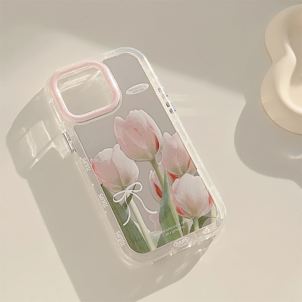 Mirror suitable for 16ProMax Apple 15 mobile phone case iPhone17 pink and white tulip 12 small fresh 11 anti-drop
