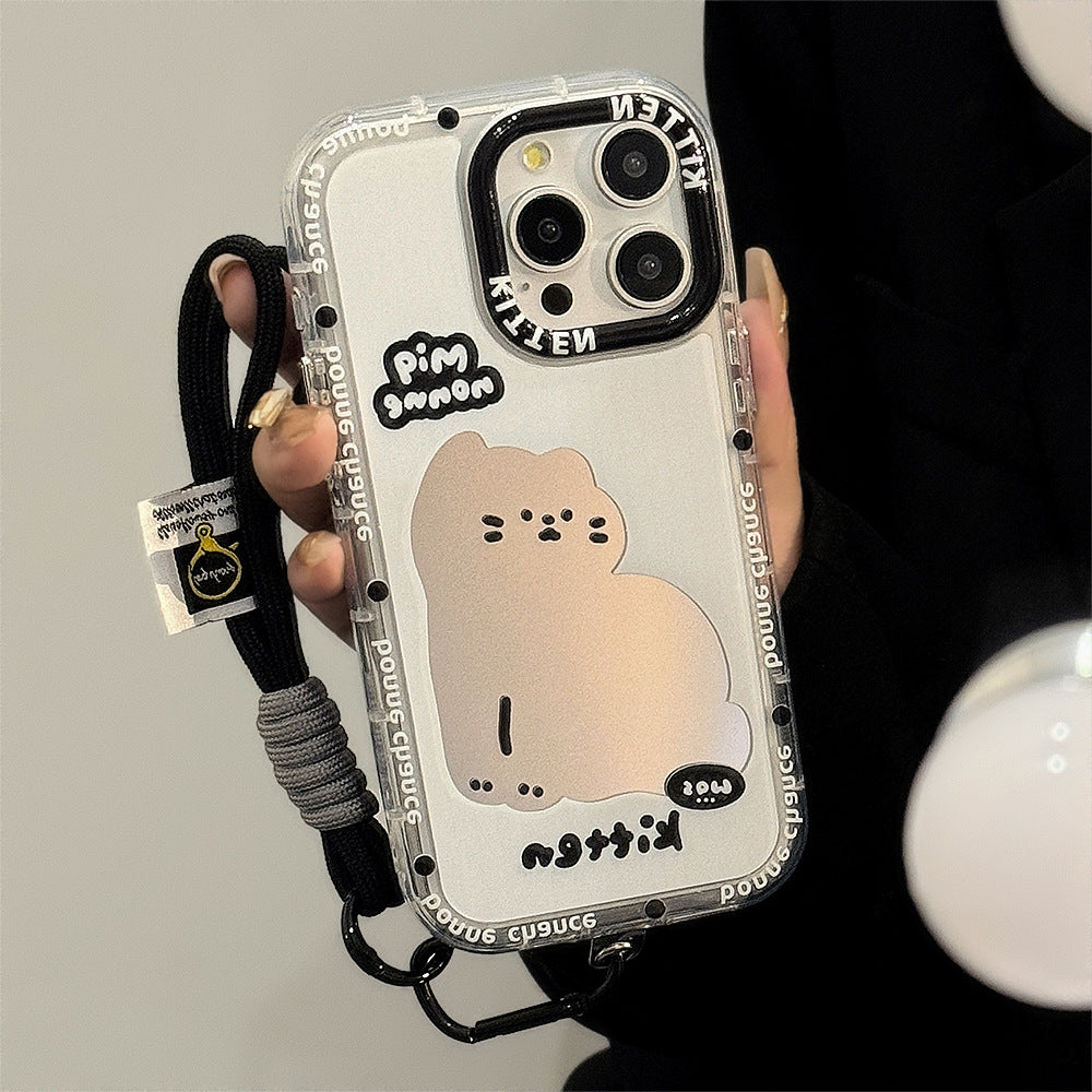 ins viento espejo gato de dibujos animados adecuado para 16Pro Max Apple 15 funda de teléfono móvil iPhone17 dulce fresco 12 cuerda de mano