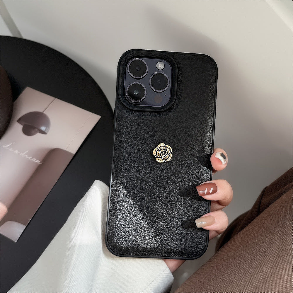 Funda de lujo ligera de camelia para teléfono móvil Apple 16, patrón lichi de color sólido para iPhone 17 Promax, otoño e invierno 11, carcasa rígida 13