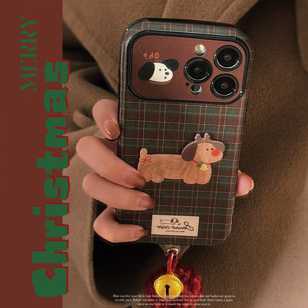 Funda para iPhone 16 de cuadros vintage, para iPhone 15 de cachorro de Navidad, para 14promax de cuero, cuerda de felpa 17
