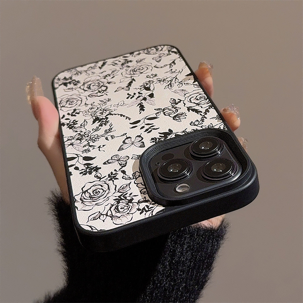 Estuche de cuero para iPhone 15, 17pro max, 11, 16, 12, con diseño de flor de rosa y manzana, estilo literario y artístico