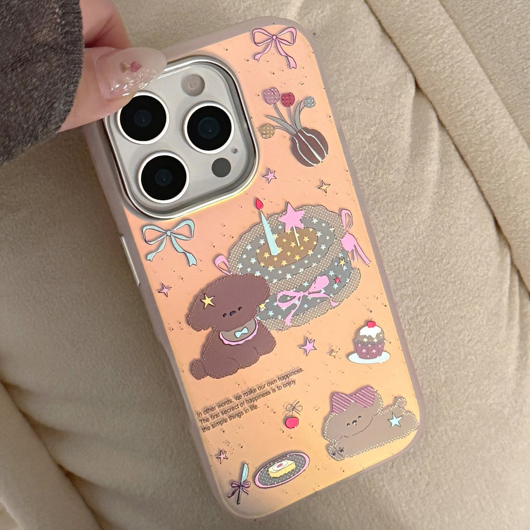 Funda de móvil para iPhone 17 con láser dorado 16 Promax, rosa, con diseño de cachorro de tarta, anticaída, para iPhone 15 y 14, estilo dibujos animados para iPhone 13