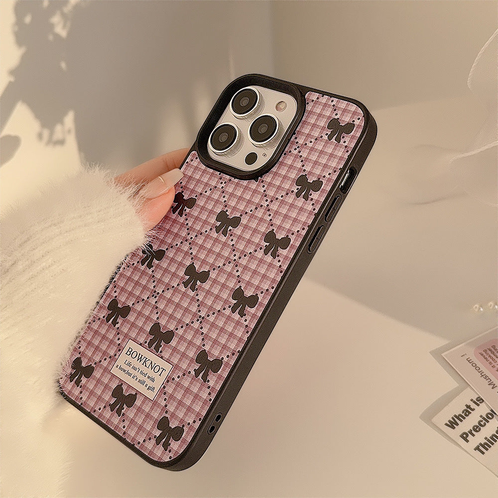 Korean bow plaid phone case 16 Apple 17promax sweet 11 for iPhone15 leather 13 winter