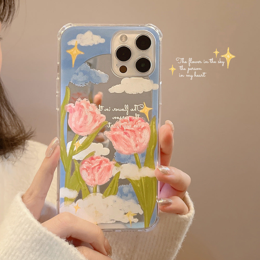ins Literary Tulip iphone17 Apple 16 Чехол для мобильного телефона 15Promax Силиконовый 11 Зеркало для макияжа X Применимо