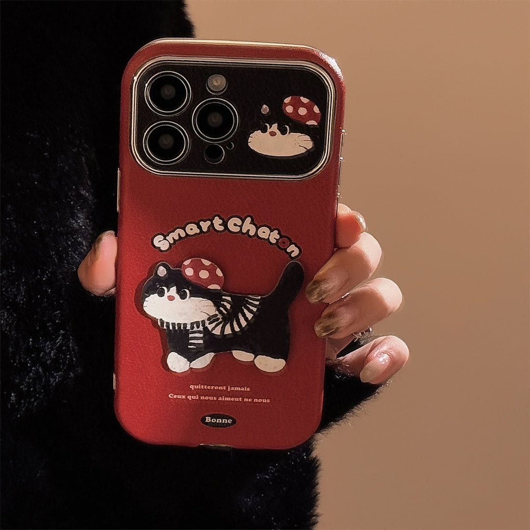 ins red cartoon cat suitable for 16pro max iPhone case iphone15 leather cartoon 17 lanyard