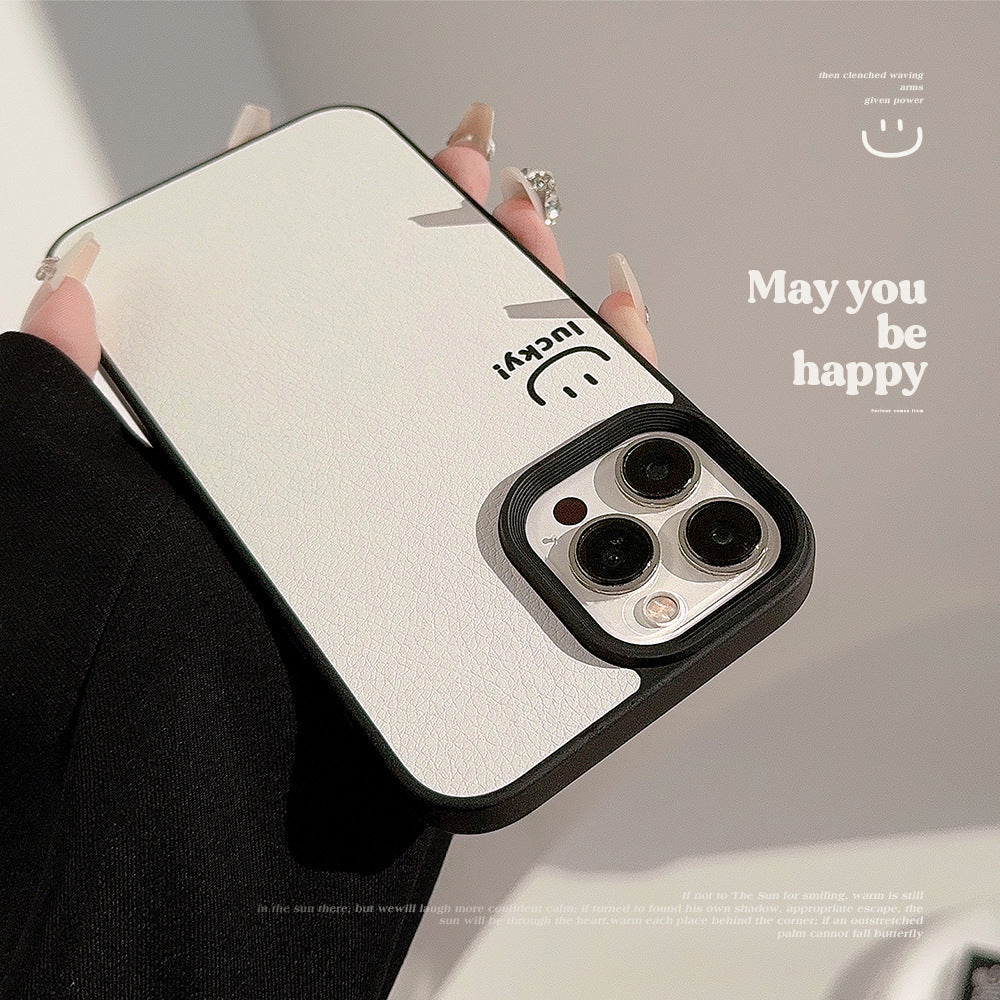 Funda de teléfono móvil Apple con cara sonriente ins 17pro max piel de cordero 11 adecuada para iPhone16, personalidad sencilla 15 anticaída.
