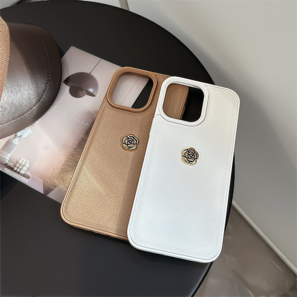Funda de lujo ligera de camelia para teléfono móvil Apple 16, patrón lichi de color sólido para iPhone 17 Promax, otoño e invierno 11, carcasa rígida 13