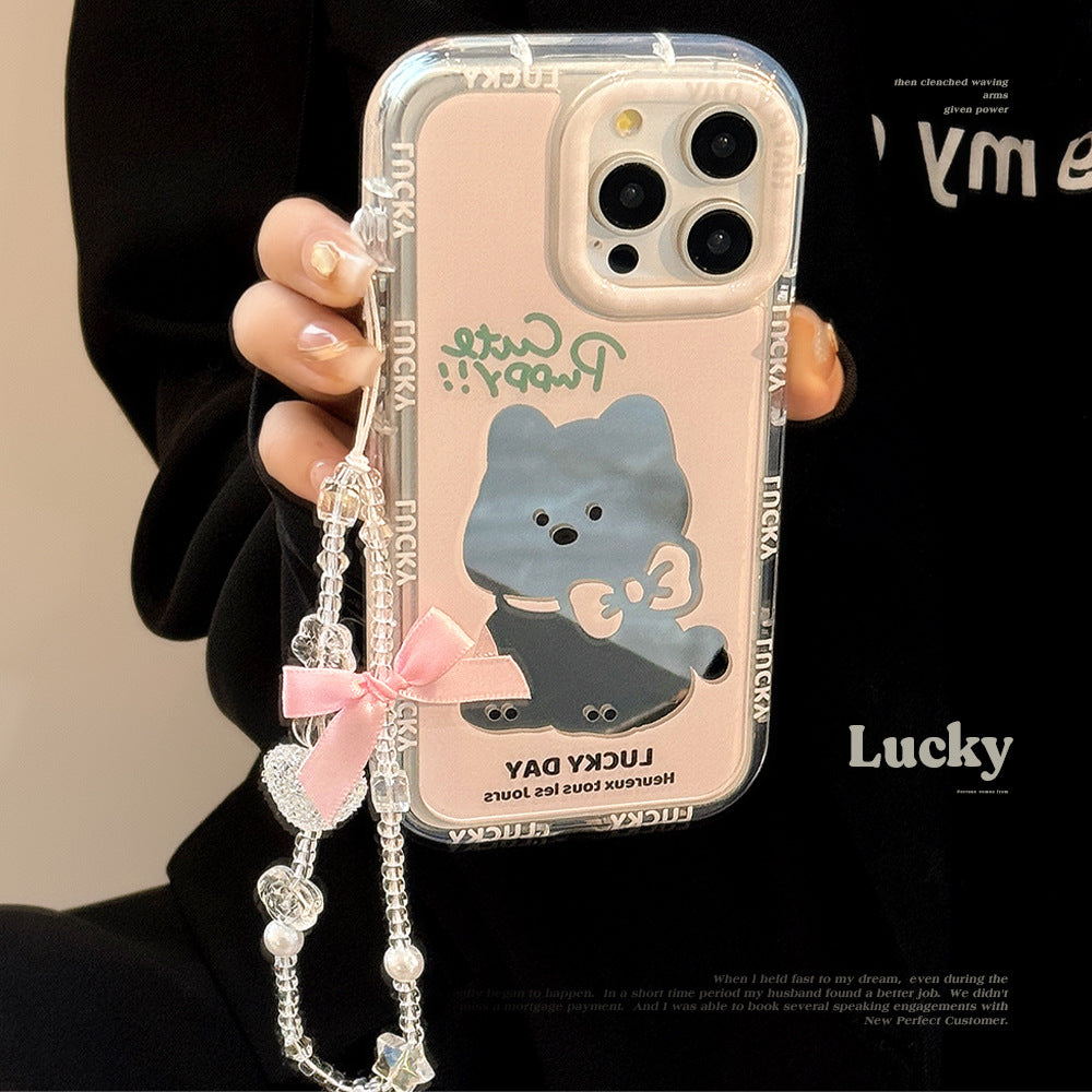 Pink Puppy Mirror Apple 16 Mobile Phone Case 14ProMax Girl iPhone15 Suitable for 17 Bow Lanyard 11