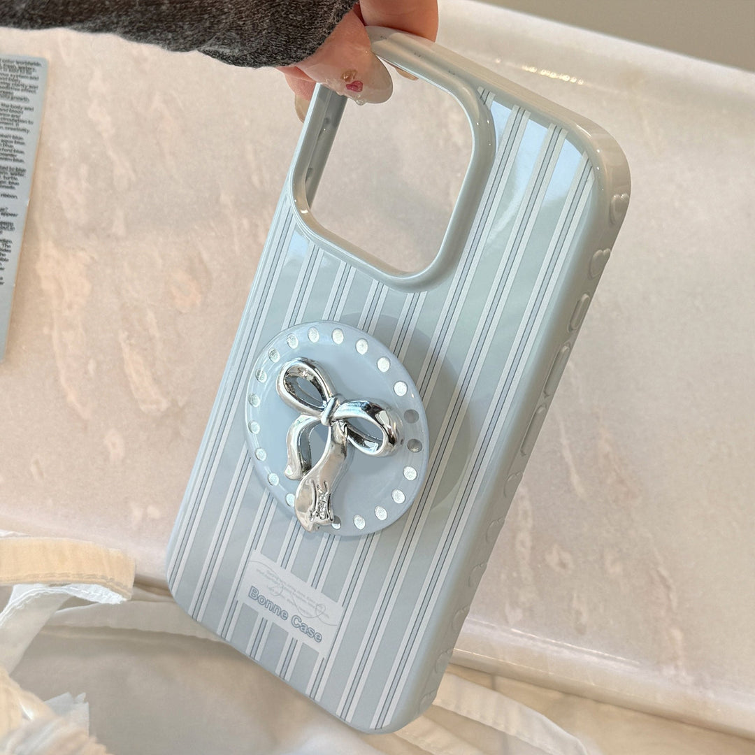 Silver bow holder Apple 16 mobile phone case iphone17 for 12 light luxury 15promax blue stripe 13 soft