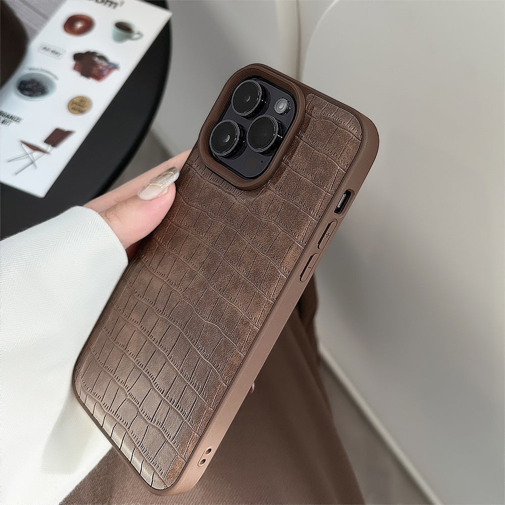 Funda para teléfono móvil de piel de aligátor marrón retro con patrón 15 Apple 16 17promax estilo premium para iPhone 13 personalidad 11