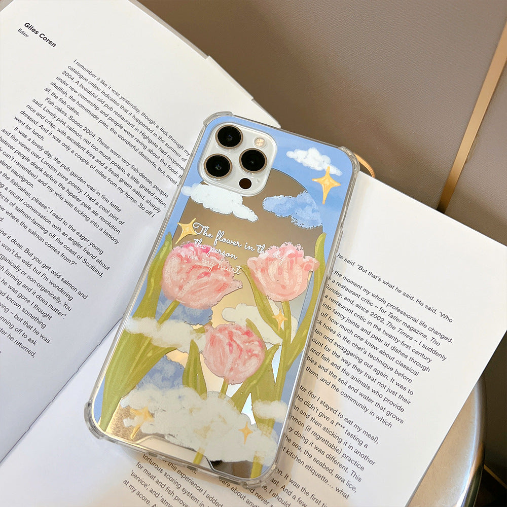 ins Literary Tulip iphone17 Apple 16 Чехол для мобильного телефона 15Promax Силиконовый 11 Зеркало для макияжа X Применимо