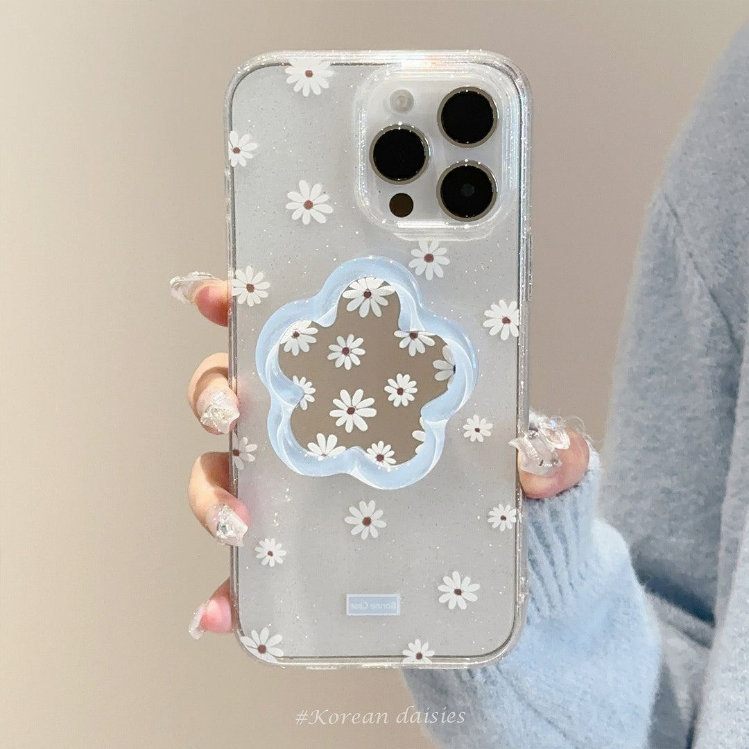 Чехол для телефона iPhone 15/16 Pro Max с цветочным зеркалом и блестками, 17/13, маленький, свежий, голубой