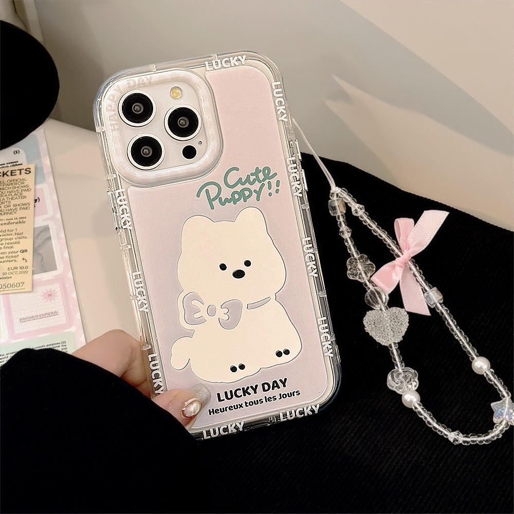 Pink Puppy Mirror Apple 16 Mobile Phone Case 14ProMax Girl iPhone15 Suitable for 17 Bow Lanyard 11