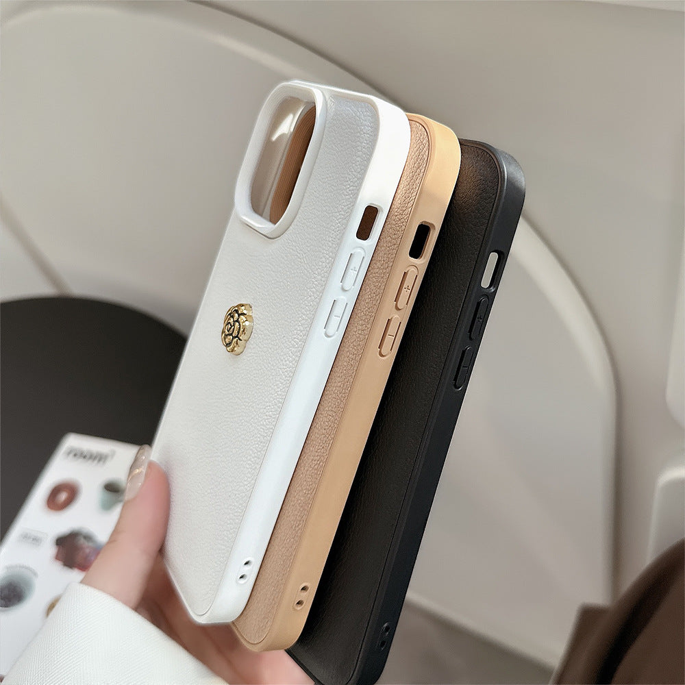 Funda de lujo ligera de camelia para teléfono móvil Apple 16, patrón lichi de color sólido para iPhone 17 Promax, otoño e invierno 11, carcasa rígida 13