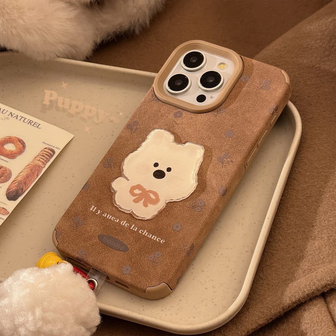 Трехмерный чехол для iPhone 16/17 Pro Max/15/13 с корковым щенком и помпоном в ретро-стиле