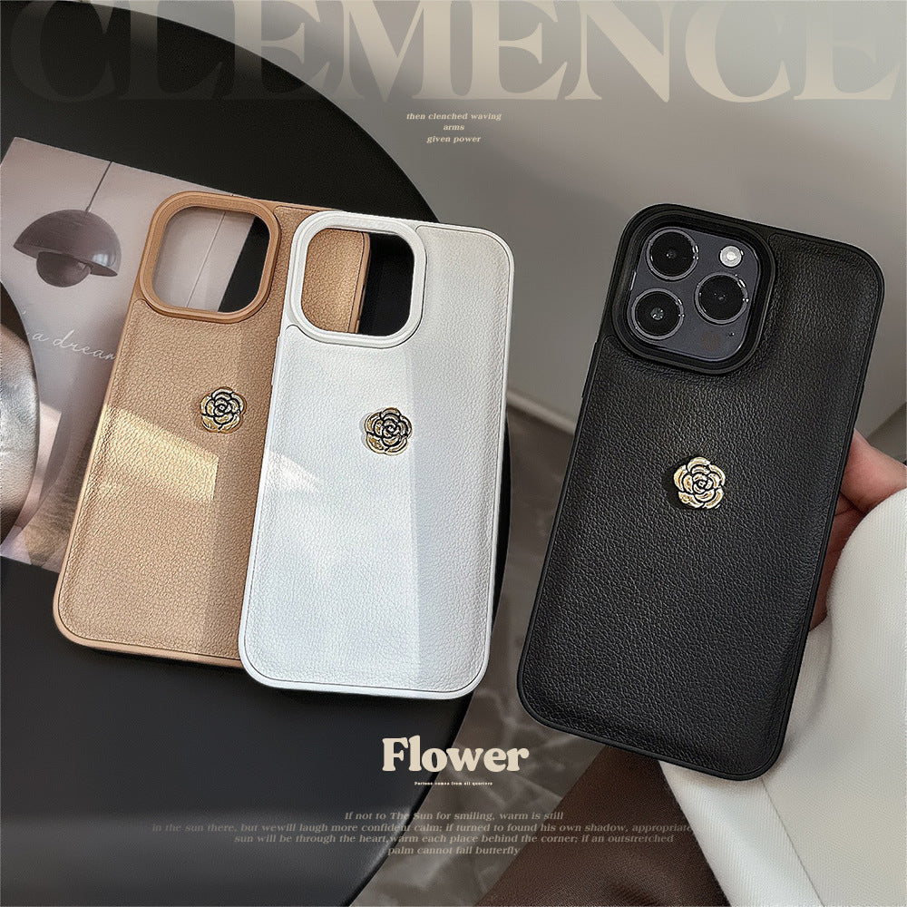 Funda de lujo ligera de camelia para teléfono móvil Apple 16, patrón lichi de color sólido para iPhone 17 Promax, otoño e invierno 11, carcasa rígida 13