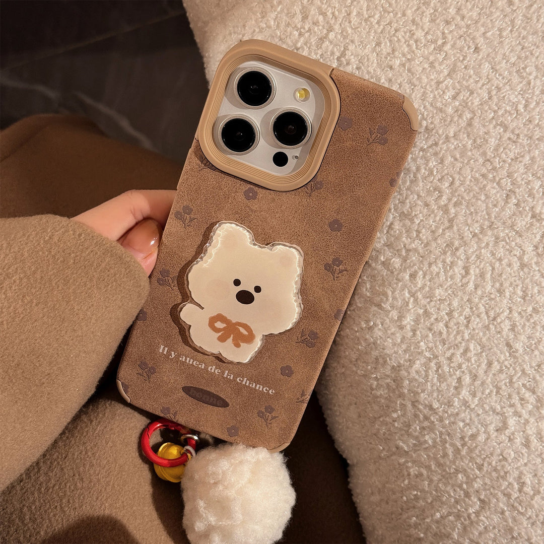 Трехмерный чехол для iPhone 16/17 Pro Max/15/13 с корковым щенком и помпоном в ретро-стиле