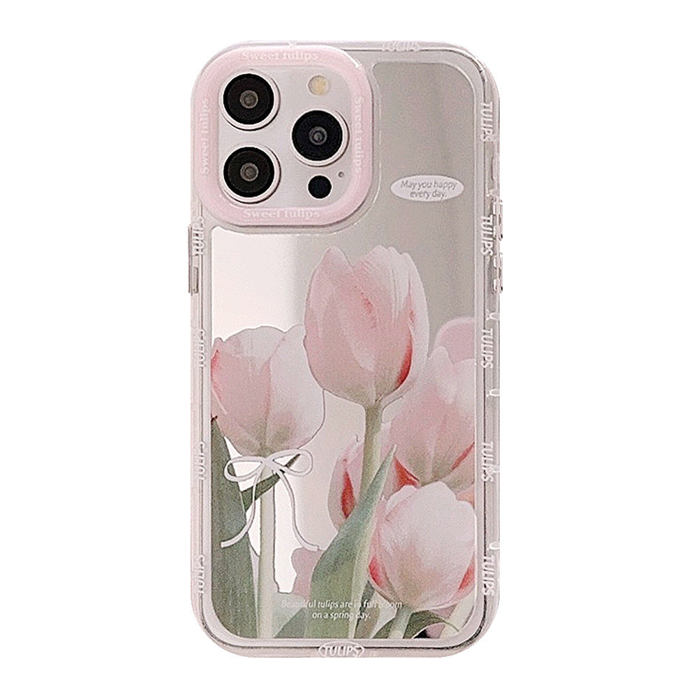 Mirror suitable for 16ProMax Apple 15 mobile phone case iPhone17 pink and white tulip 12 small fresh 11 anti-drop
