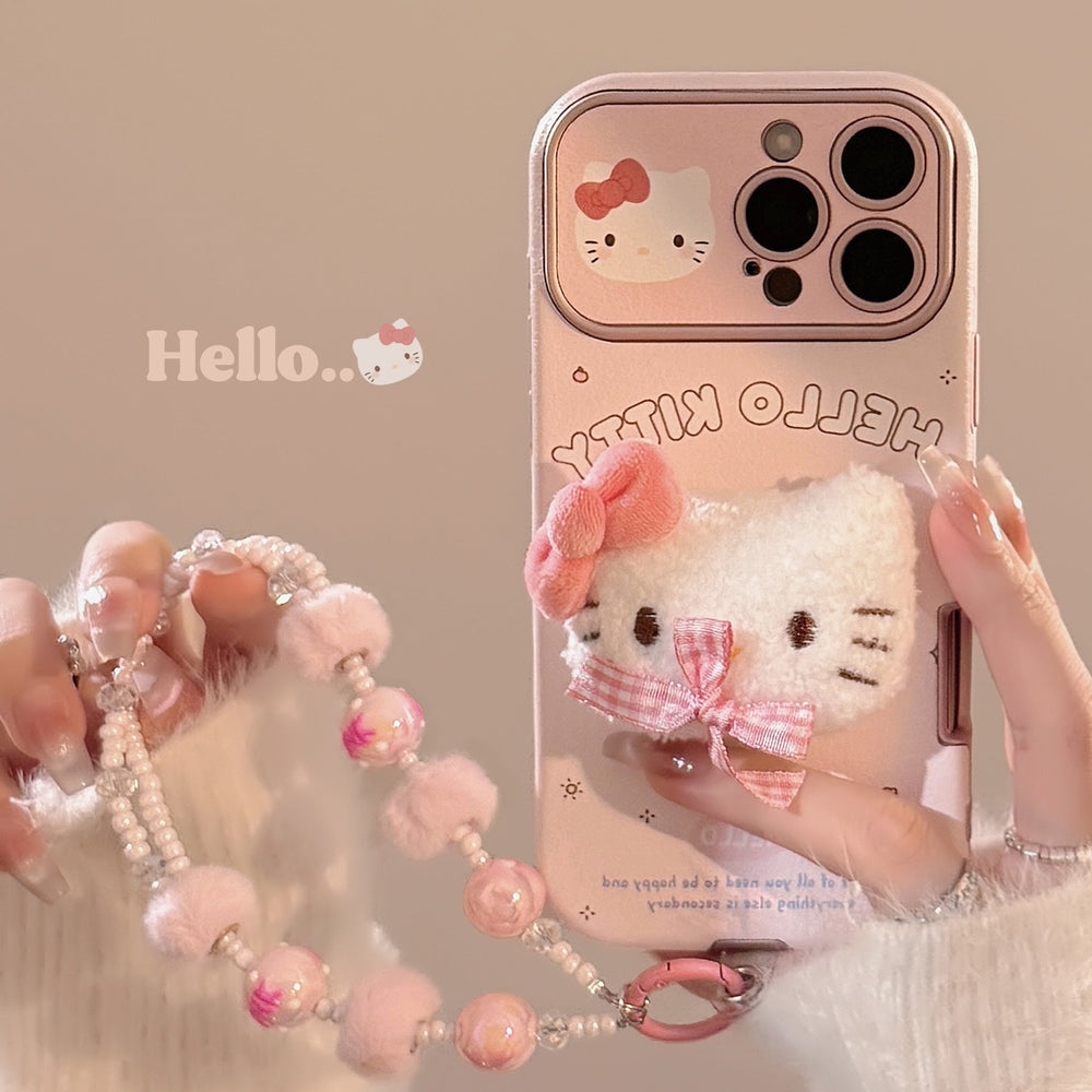 Милый розовый котик с бантом для iPhone 16 Pro Max чехол для мобильного телефона Apple 15 трехмерный кожаный 14 браслет 17