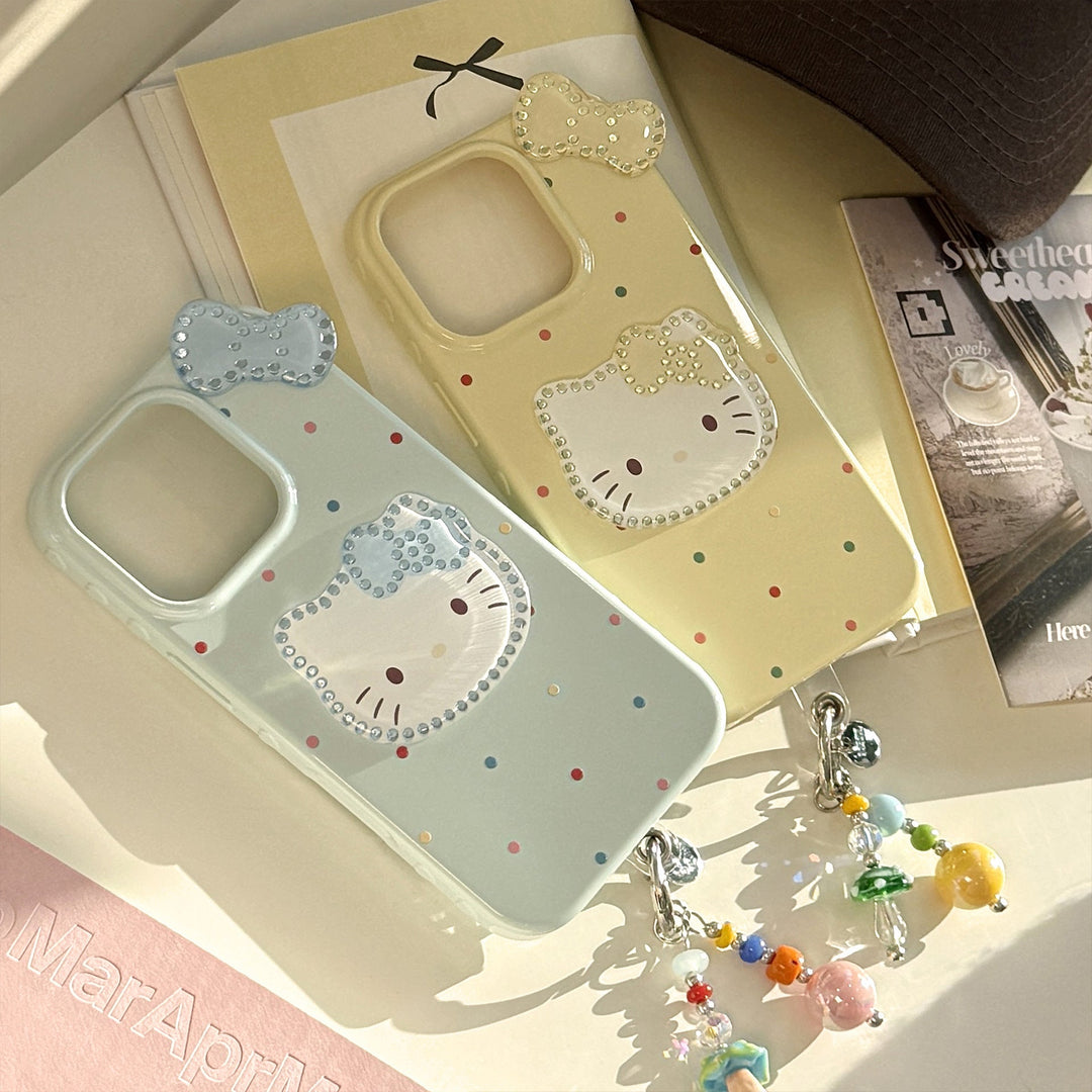El diseño tridimensional dorado es adecuado para la funda de iPhone 16promax de Apple, el iPhone 14 con lazo de lunares de colores y el colgante de gato del 13.