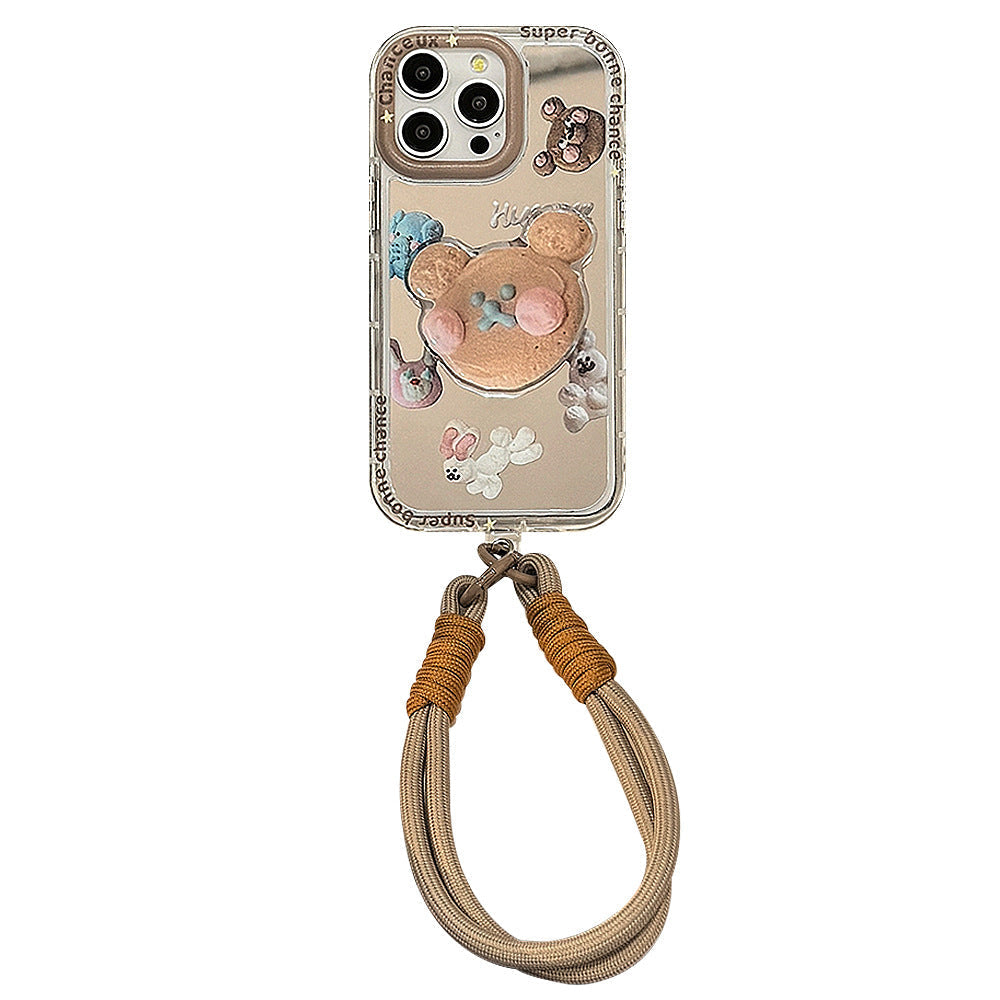 Soporte de oso de galleta para funda de móvil Apple 15 Pro Max iPhone 17 espejo 12 correa de mano 11