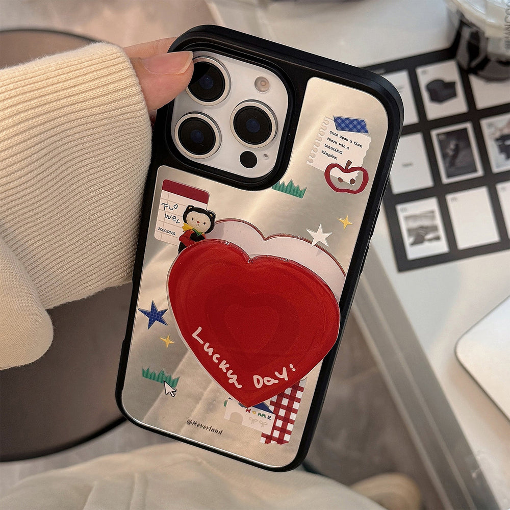 funda para teléfono móvil ins de dibujos animados coreanos apta para iPhone 16 Apple 17Pro Max espejo 13 con soporte de amor 15