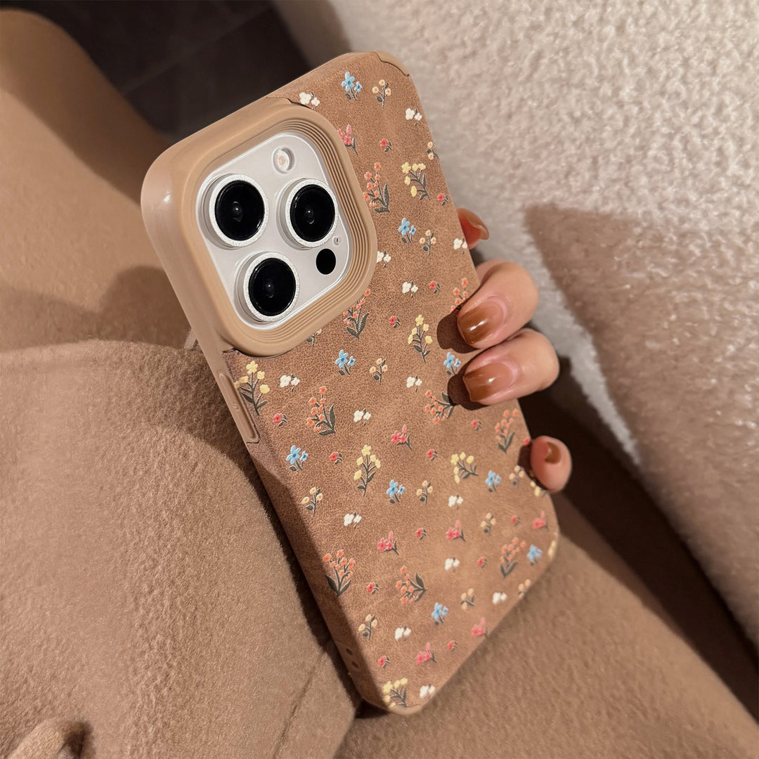 Funda de piel suave con pequeña aplicación floral para iPhone 16 Apple 15, 17promax, estilo retro, literatura y arte, otoño e invierno.