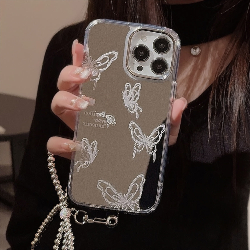 La superficie de espejo es adecuada para la funda del teléfono móvil Apple 15 Pro max, iPhone 16 con temperamento de mariposa avanzada, 13 anti-caída, 11 con cadena, 17