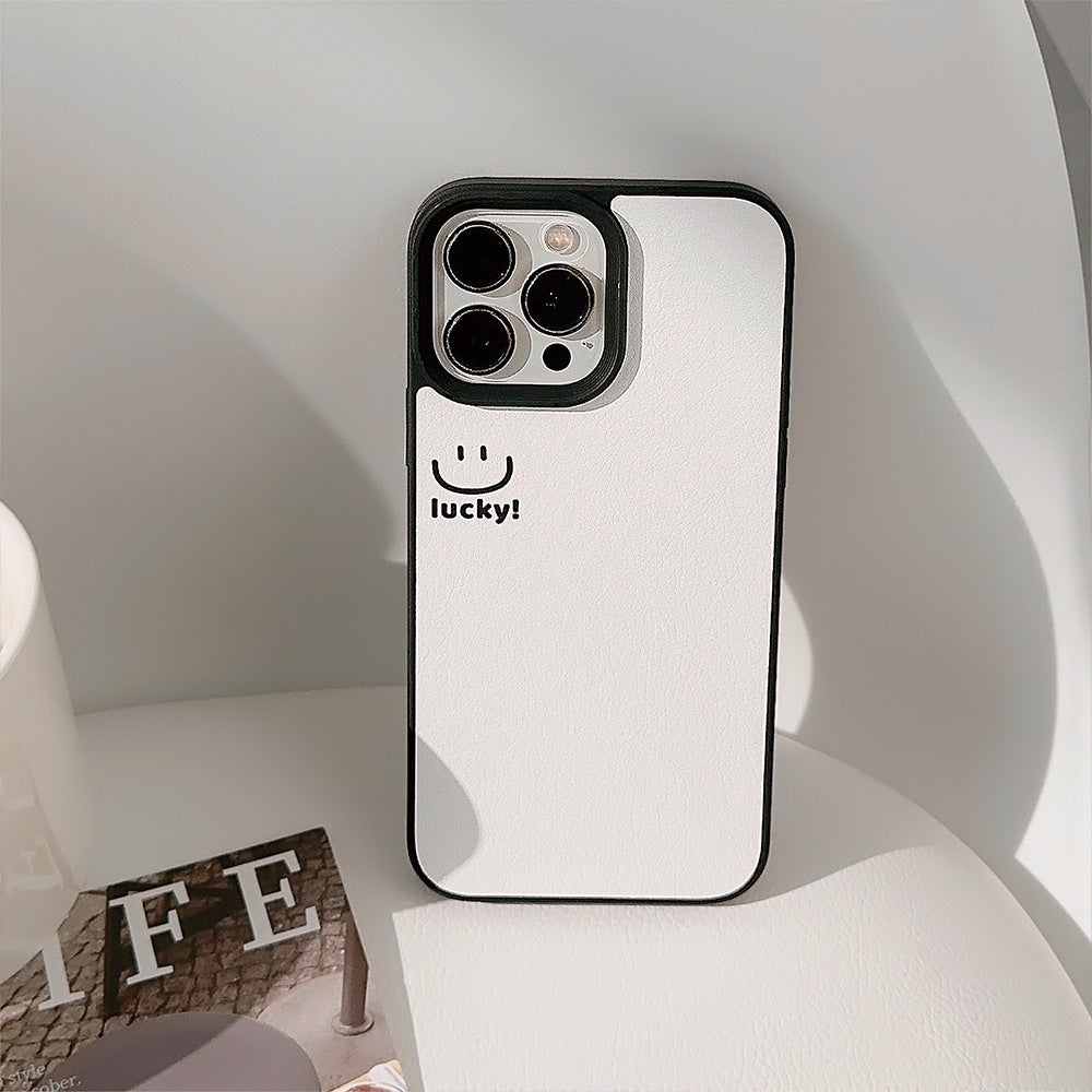 Funda de teléfono móvil Apple con cara sonriente ins 17pro max piel de cordero 11 adecuada para iPhone16, personalidad sencilla 15 anticaída.