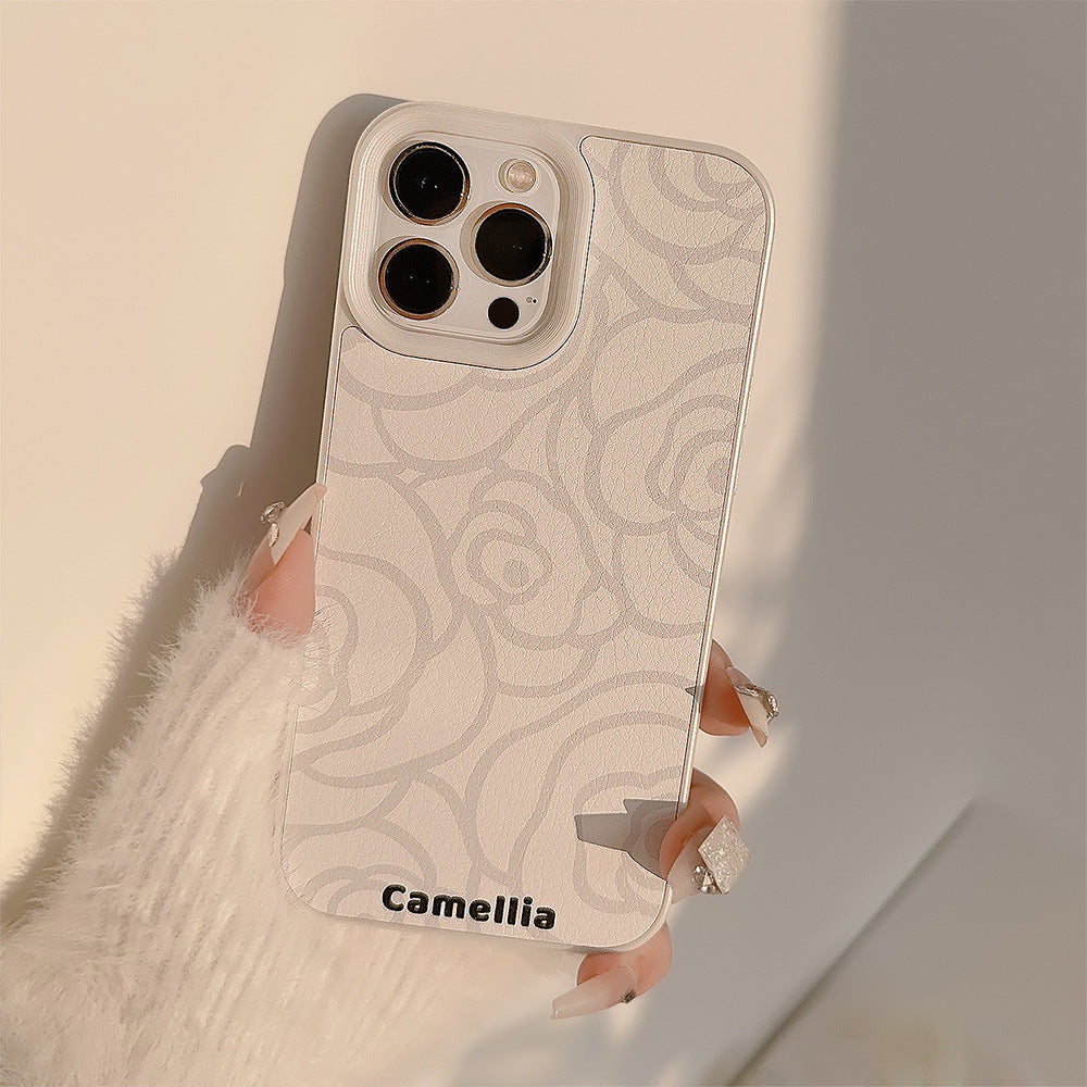 Funda de teléfono móvil Simple Camellia Apple 16 17promax de cuero 11 para iPhone 13 sentido avanzado 15 literatura y arte