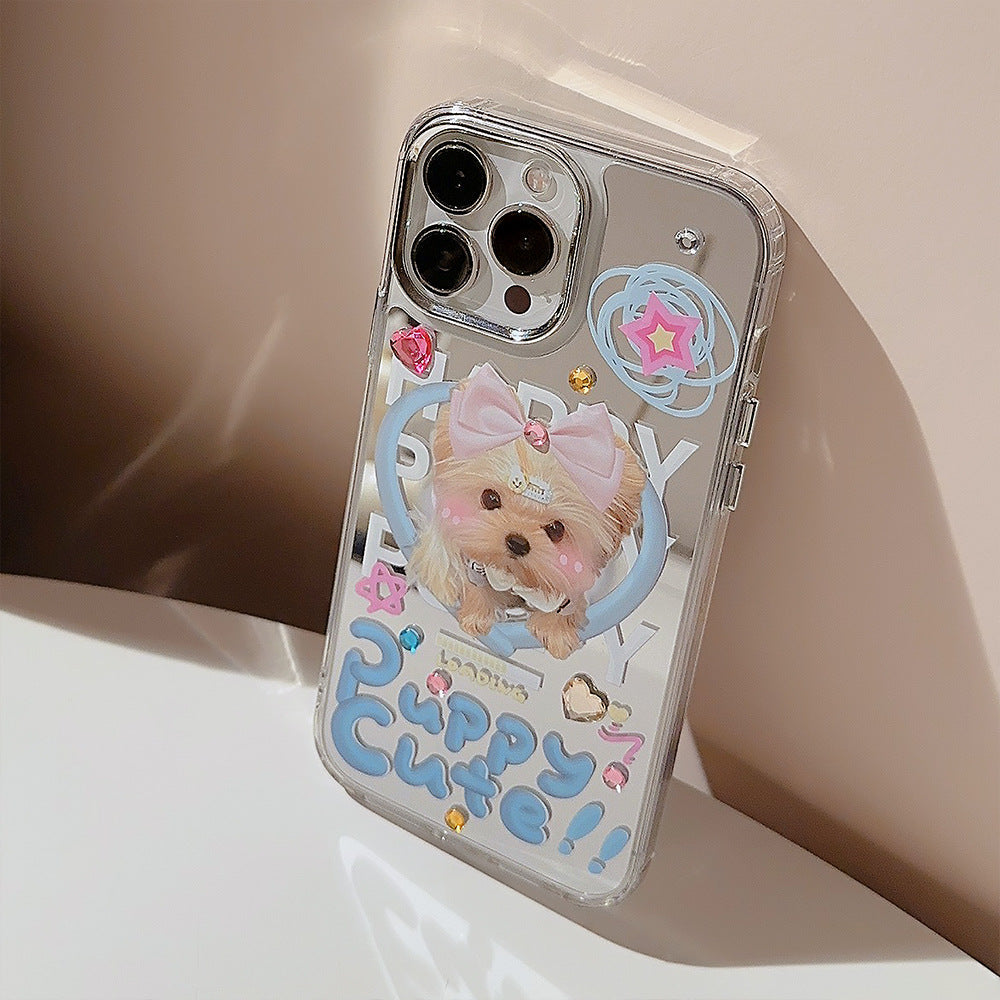 Funda para iPhone Dopamine puppy 17promax para iPhone 16 bonita 13 espejo de maquillaje 15 pegatina diamante